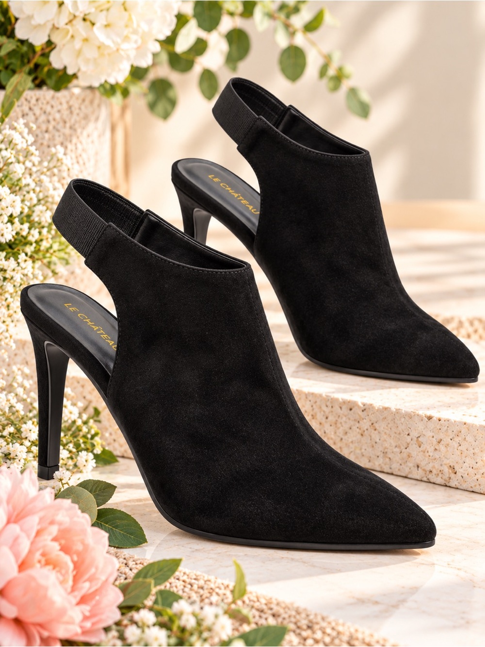 Le Château Women’s Black Suede Slingback Booties Size 38 Pointed Toe Heels